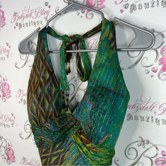 Cache dress long halter tie up beaded tassle Green and Brown Backless Dress - Picture 3 of 15